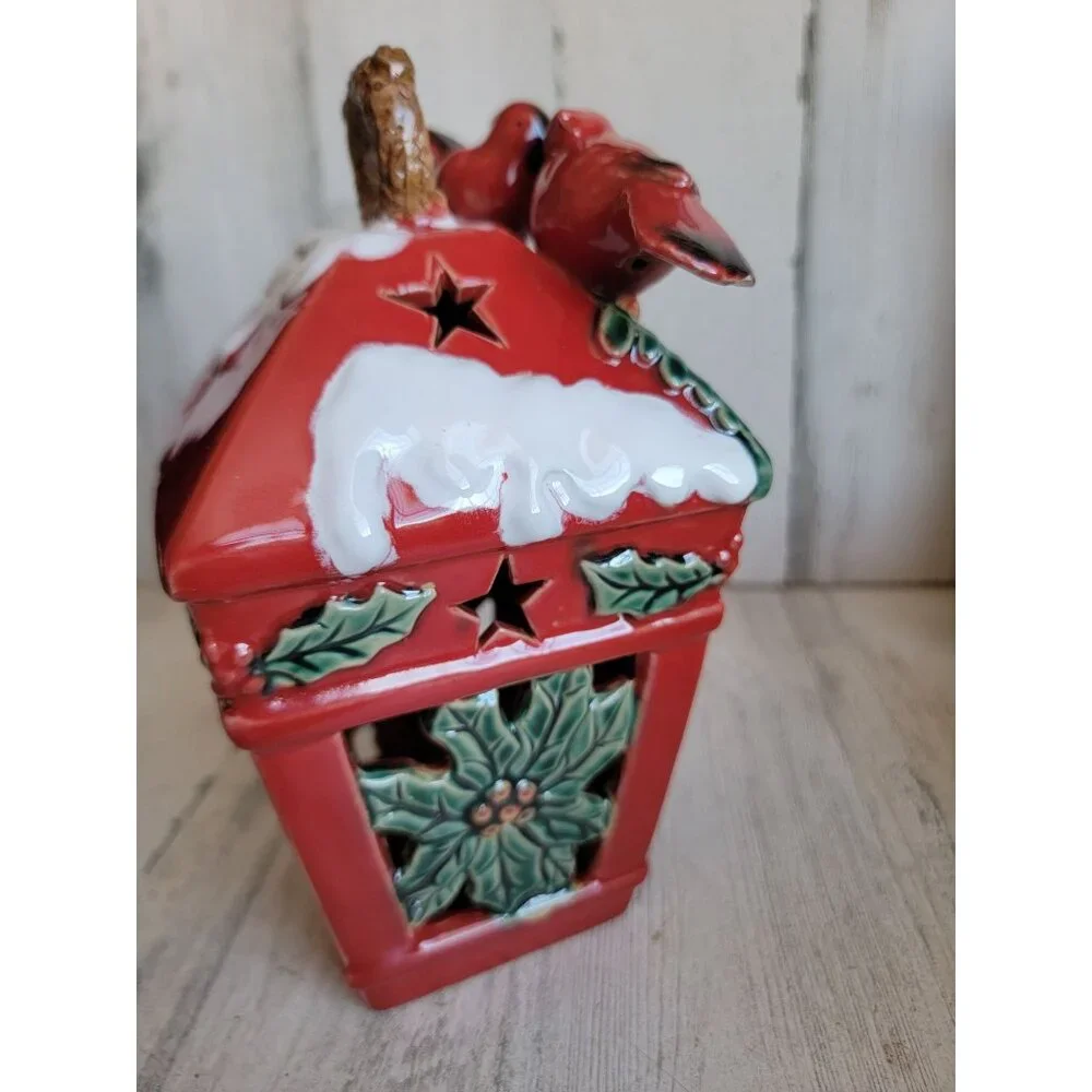Birdhouse Ceramic red‎ cardinal tealight candle holder Xmas